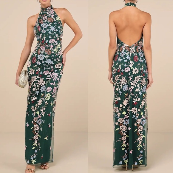 Infinite Praise Emerald 3D Floral Embroidered Halter Maxi Dress - Picture 1 of 2